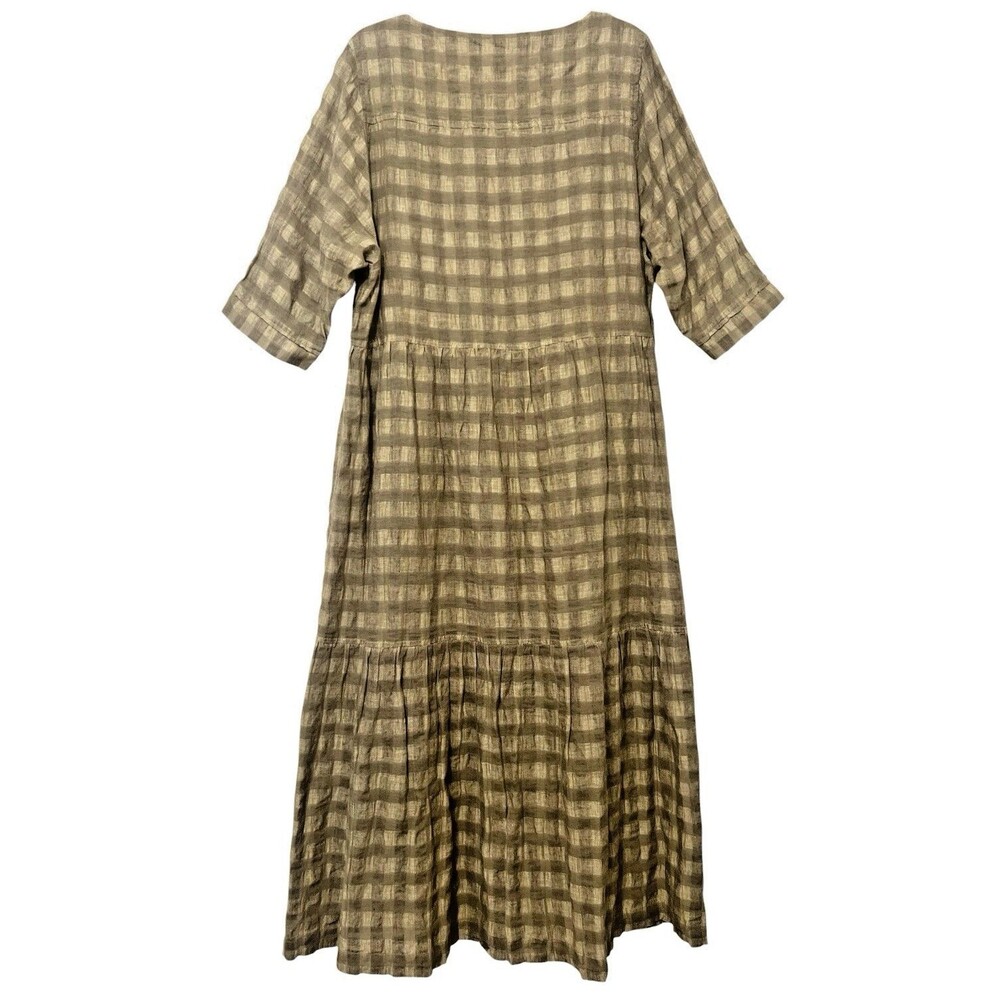 POETRY Green Tiered Check Midi Maxi Dress Crinkle Linen Blend Lined Pockets 10 - Picture 2 of 13